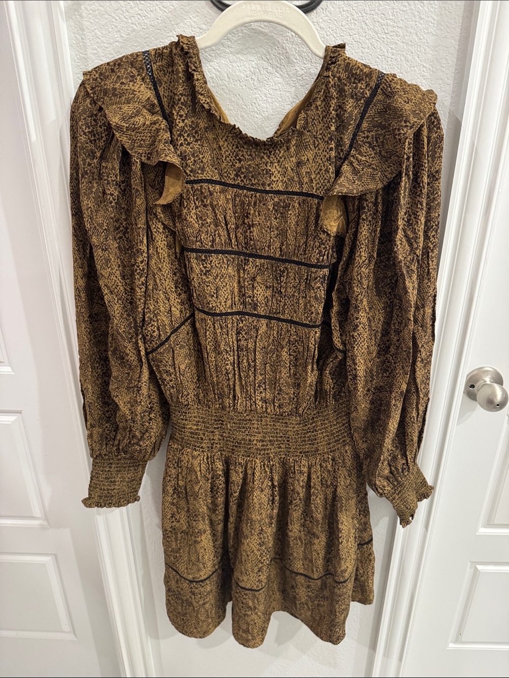 Rails Brown Patterned Ruffle Dress with Black Trim